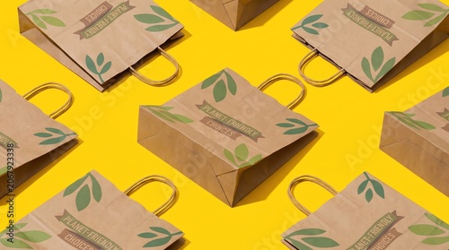 Eco friendly paper shopping bag with leaf print on yellow background for sustainable retail branding and organic grocery shopping concepts.