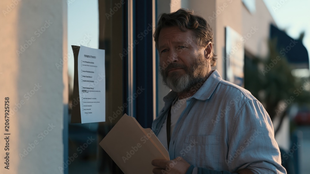 Fototapeta premium Concerned middle aged man holding folder while reading printed notice on office door at sunset