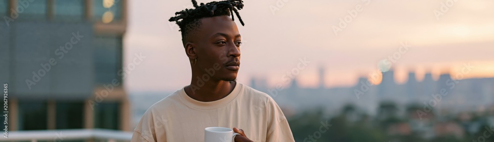Fototapeta premium Young man with dreadlocks holding mug on rooftop at sunset background for lifestyle banner and social media design