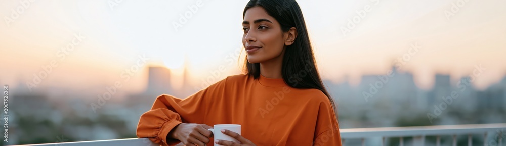 Fototapeta premium Young woman on balcony at sunrise holding a coffee mug for morning routine lifestyle and urban rooftop background with city skyline view for banner or wallpaper design