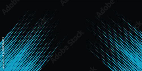 Foto Blue halftone dots streak diagonally across a black background, creating a dynamic motion effect with grunge texture ideal for modern tech, comic, poster or banner designs