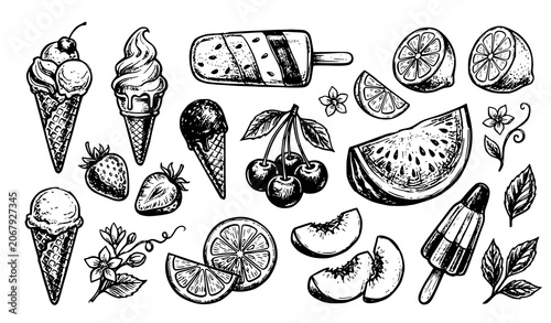 Hand Drawn Summer Ice Cream and Fresh Fruits Vector Illustration Set Featuring Vintage Sketch Cones Popsicles Watermelon Strawberry Lemon Cherry and Leaves Design Elements