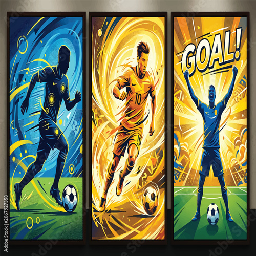 Dynamic Soccer Players in Motion Triptych with Goal Celebration and Abstract Energy
