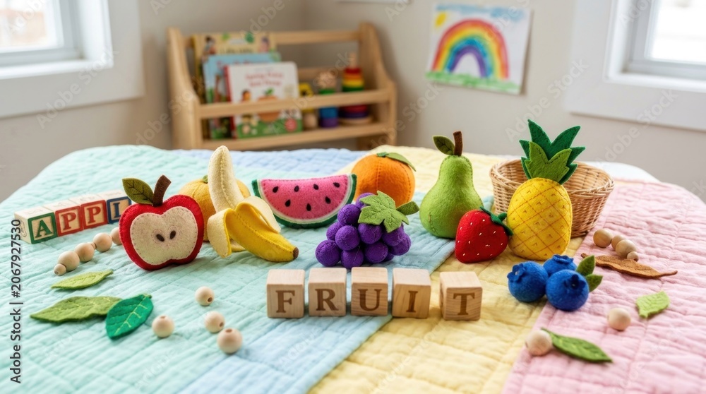 Naklejka premium A colorful arrangement of felt fruits and wooden blocks on a bedspread, with a rainbow picture on the wall and a wooden toy shelf in the background.