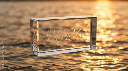3d render of a glass block with the year 2026 engraved, floating over a golden sunset water surface