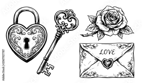 Vintage heart lock key rose flower and love letter envelope hand drawn sketch vector illustration isolated on white