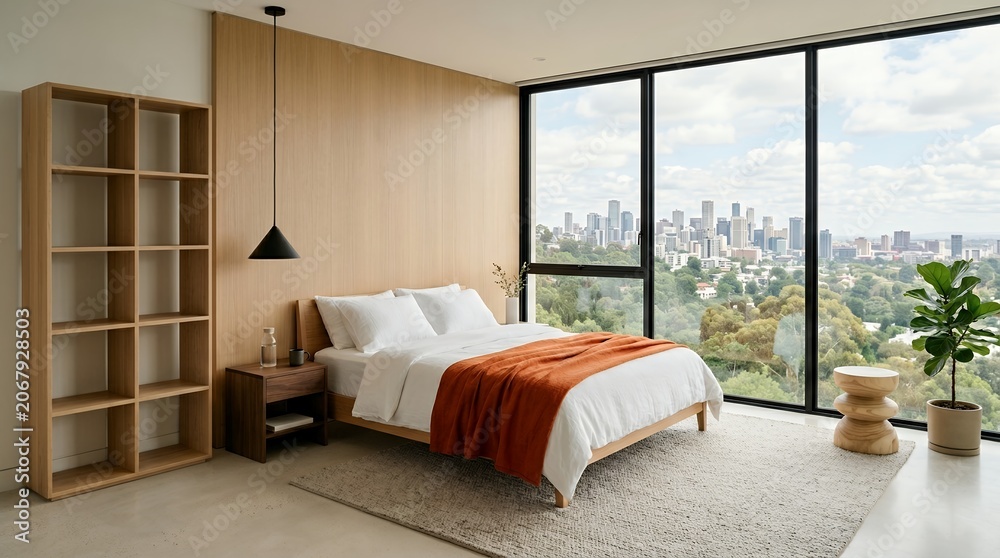 Fototapeta premium Cozy bedroom with a large window overlooking a cityscape and lush green trees featuring a minimalist wooden bed and furniture Bedroom188 interior modern home design view architecture