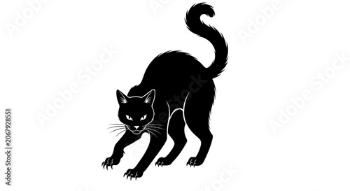 Hissing black cat silhouette with arched back, spooky Halloween feline vector illustration, aggressive kitten with sharp claws and glowing eyes