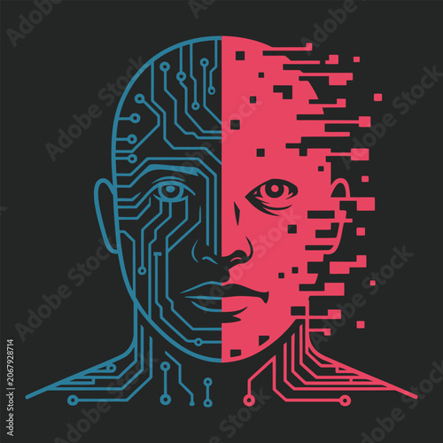 Glitch Cyborg Face T‑Shirt Design – AI Human Circuit Board Portrait Cyberpunk Art