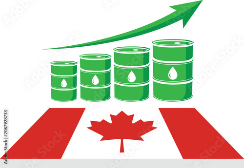 Vector illustration of rising oil barrels over the flag of Canada with an upward arrow, representing economic growth, petroleum export increase, and rising energy prices.