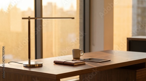 Modern minimalist workspace with wooden desk, sleek table lamp, ceramic mug, closed notebook, tablet device, and city view through large window in bright office