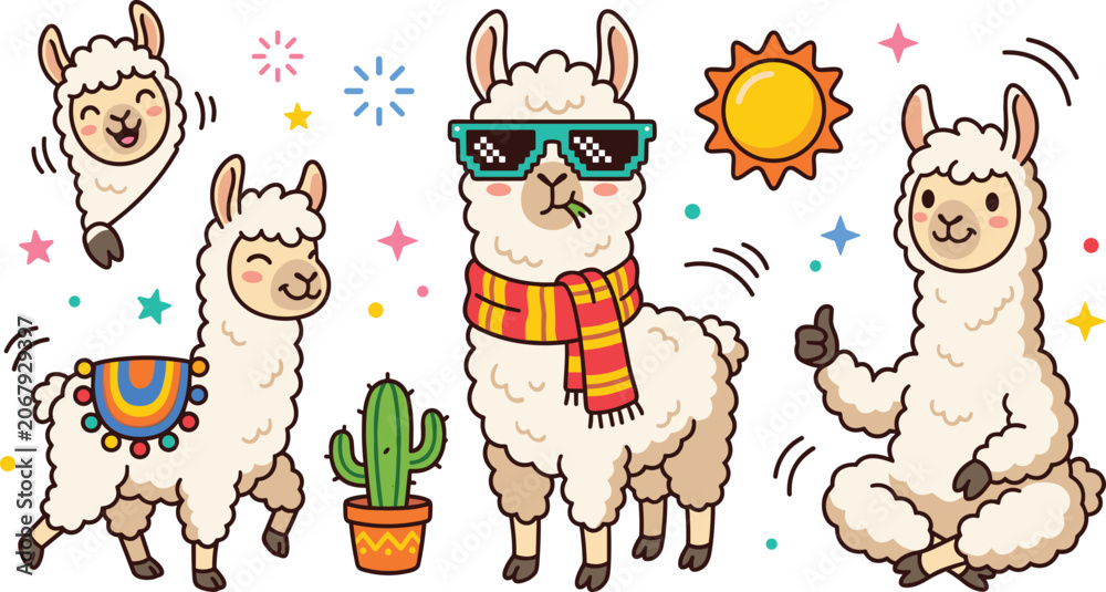 Fototapeta premium Cute Llama and Alpaca Cartoon Character Sticker Set Featuring Cool Pixel Glasses Scarf Cactus Sun and Thumbs Up Vector Illustration for Kids Graphic Designs