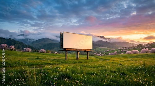 Blank billboard in a scenic meadow with cherry blossoms at sunset