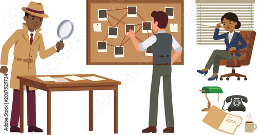 фотографія Detective and Private Investigator Vector Character Set Featuring Evidence Board