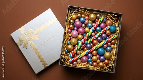 Gift box with colorful ornaments and candy canes on brown background