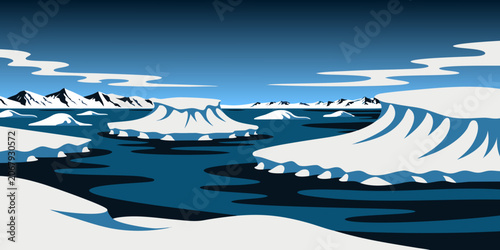 Arctic landscape with icebergs and snow covered mountains under a clear blue sky polar ice landscape icebergs mountains environment freezing coldness wilderness isolated untouched pristine