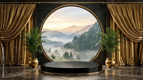 Luxury circular window display podium with golden curtains and mountain landscape view
