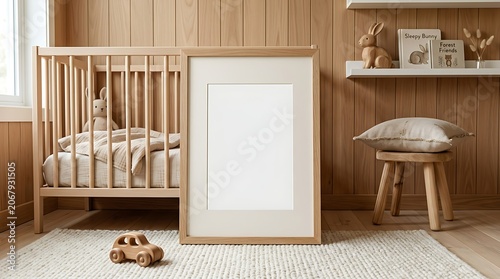 Empty wooden picture frame mockup in a cozy nursery room with a crib and wooden toys