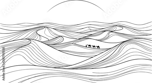 Fotografie desert dunes, camel caravan, sahara landscape, black and white desert, minimalis