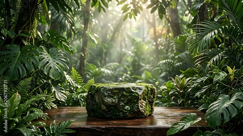 Mossy stone podium on a wooden table in a lush tropical rainforest with soft sunlight