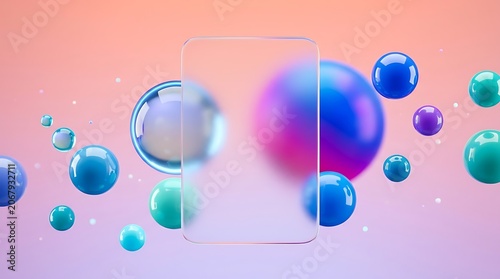 Abstract 3d background with frosted glass rectangle and colorful glossy spheres