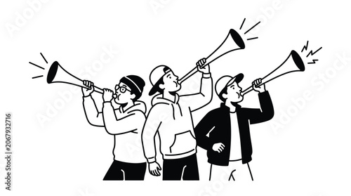 Youth blowing horns cheering enthusiastically isolated on solid white background, EPS vector illustration