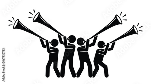 Stick figures blowing long trumpets isolated on solid white background, EPS vector illustration