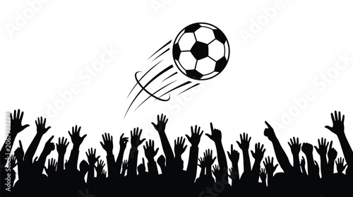 Soccer ball flying over cheering crowd hands silhouette on solid white background, EPS vector illustration