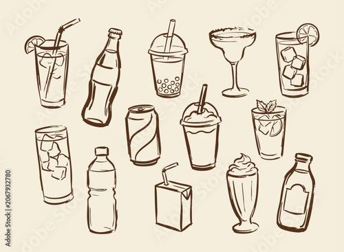Hand drawn beverage doodle vector illustration set with cocktails soft drinks milkshakes and cafe drink elements