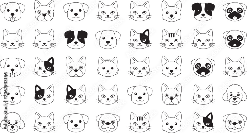 Fototapeta premium Collection of cute cartoon dog and cat faces in black and white line art