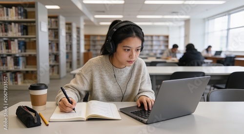 University student wearing headphones while attending online lectures and documenting research findings