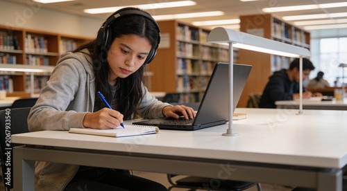 Focused young scholar studying online with laptop and taking handwritten notes at a library desk
