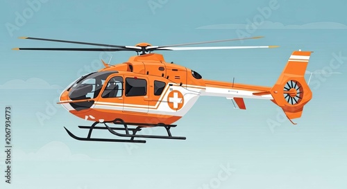 Orange medical rescue helicopter flying against a light blue sky.