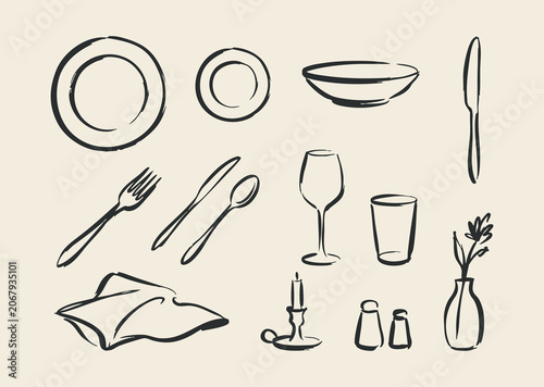 Hand drawn dining table setting doodle vector illustration with plates cutlery glasses and home decor elements