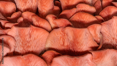 Macro of the underside of pink oyster mushrooms