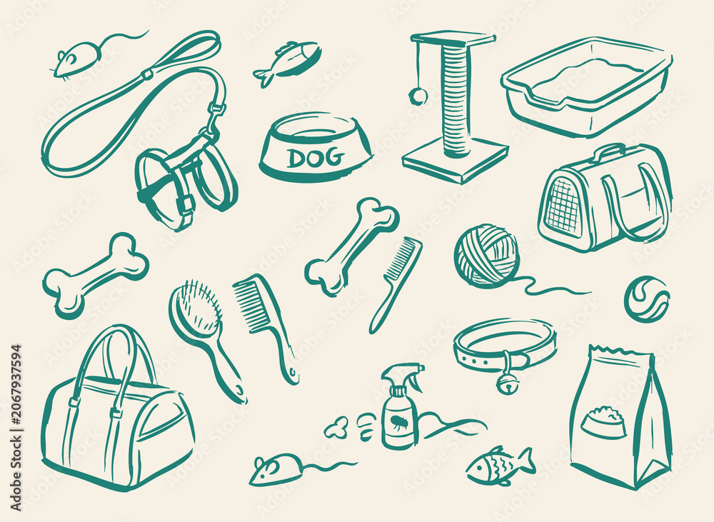 Fototapeta premium Hand drawn pet shop icons set, vintage sketch of cat and dog accessories, teal line art of grooming tools and animal care supplies