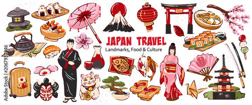 Japan Travel Cartoon Doodle Set with sushi, ramen, kimono, torii gate, lantern, sakura, koi fish and pagoda. Culture landmarks and food icons for Japan Travel, cartoon vector illustration