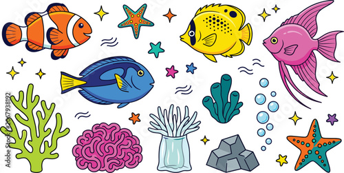 Bild auf Leinwand Tropical Coral Reef Fish Vector Illustration Set with Clownfish, Blue Tang, Ange