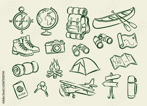 Vintage travel and camping icons set, hand drawn adventure equipment illustrations, green ink sketch of outdoor exploration gear on beige background