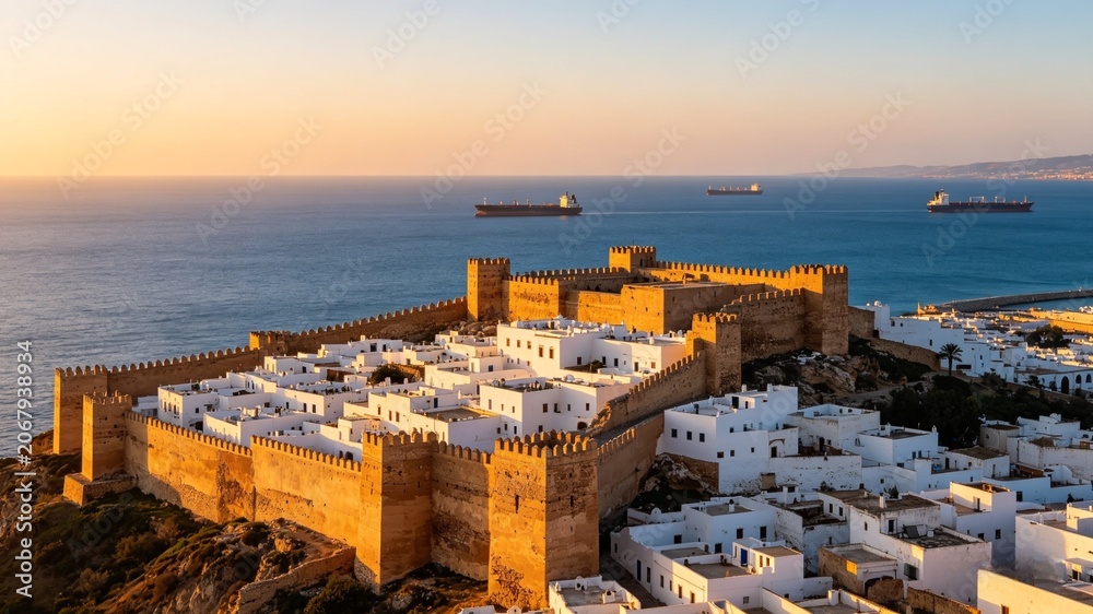 Fototapeta premium Aerial perspective of the historic Tangier Kasbah at golden hour, featuring fortified ancient walls enclosing traditional white Moroccan houses overlooking the sea and vast sky copy space