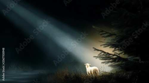 Jesus teaches important lessons in a forest at night with a sheep under the light