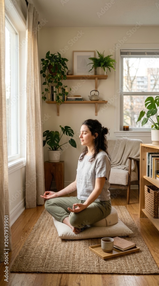 Fototapeta premium Young woman sitting in a tranquil home, practicing yoga meditation for mental wellness, peaceful deep breathing, spiritual balance, serene atmosphere, healthy lifestyle, self care