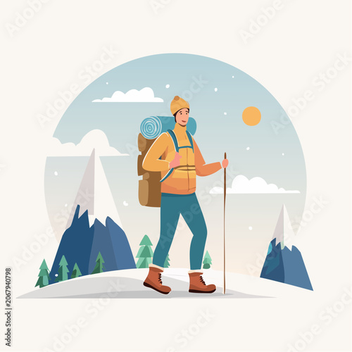 Randonneur en montagne avec sac à dos et bâton de marche en illustration