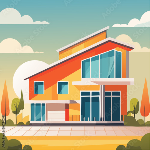 Maison moderne au toit triangulaire avec façade blanche et toit orange