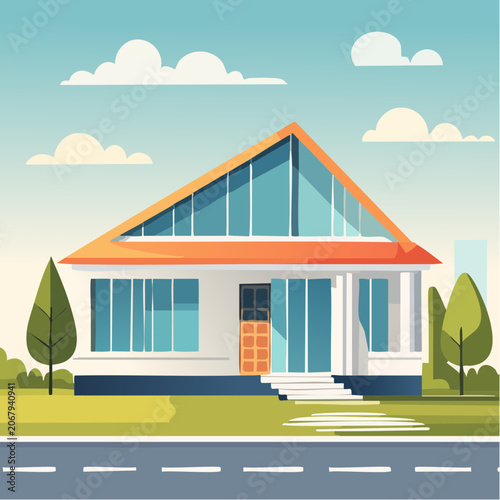 Maison moderne au toit triangulaire avec façade blanche et toit orange