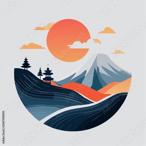 Paysage asiatique minimaliste avec montagnes, pagodes et soleil orange