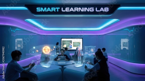 Futuristic smart learning lab with students and holographic projections in a blue toned environment