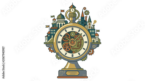 Vászonkép Vintage clock with city skyline.