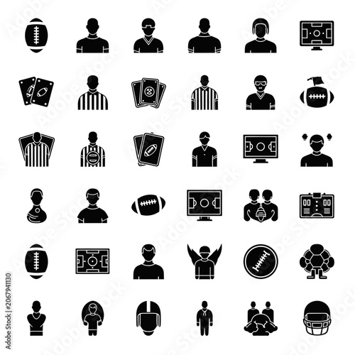 Collection of sports and technology icons in black.