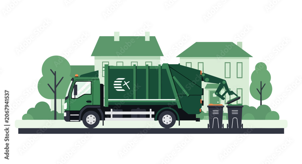 Obraz premium Green Garbage Truck Collecting Waste Bins in Suburban Neighborhood Flat Illustration
